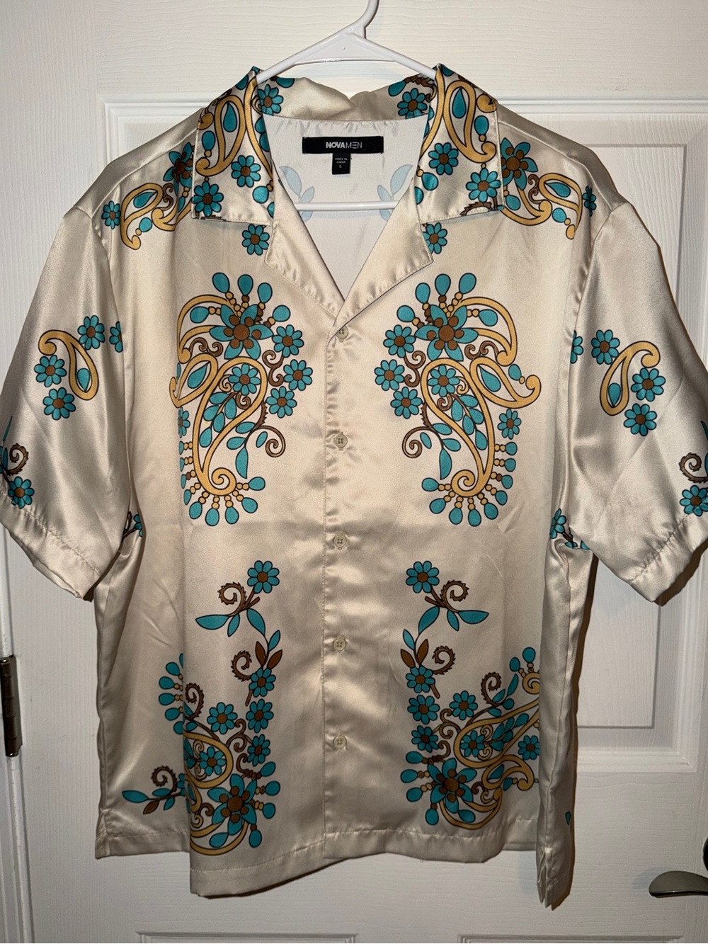Fashion Nova Cream Short-Sleeve Button-Up with Teal & Gold Floral Paisley